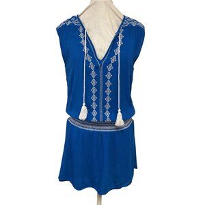 Lovestitch Blue Embroidered Sleeveless Gauze Sundress With Tassel Neckline  Wome
